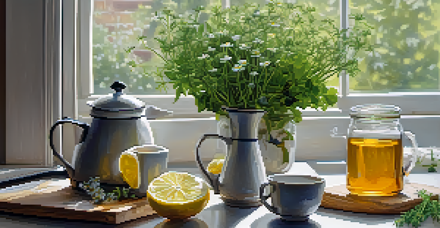 A warm kitchen with fresh herbs and a cup of chamomile tea on a wooden table.