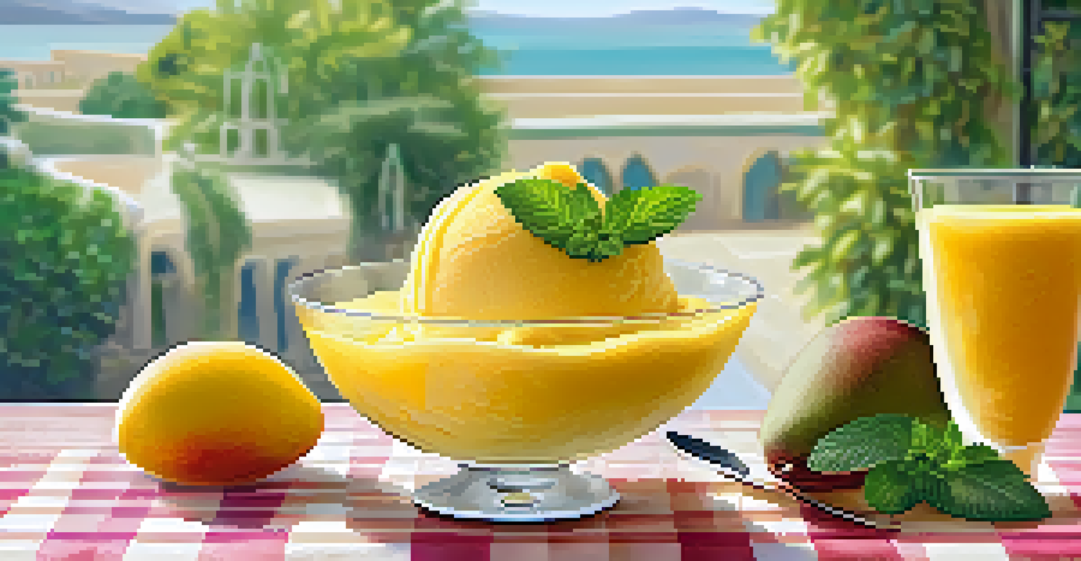 A glass dish filled with mango sorbet, topped with mango chunks and mint leaves, set on a summer-themed tablecloth with an outdoor view.
