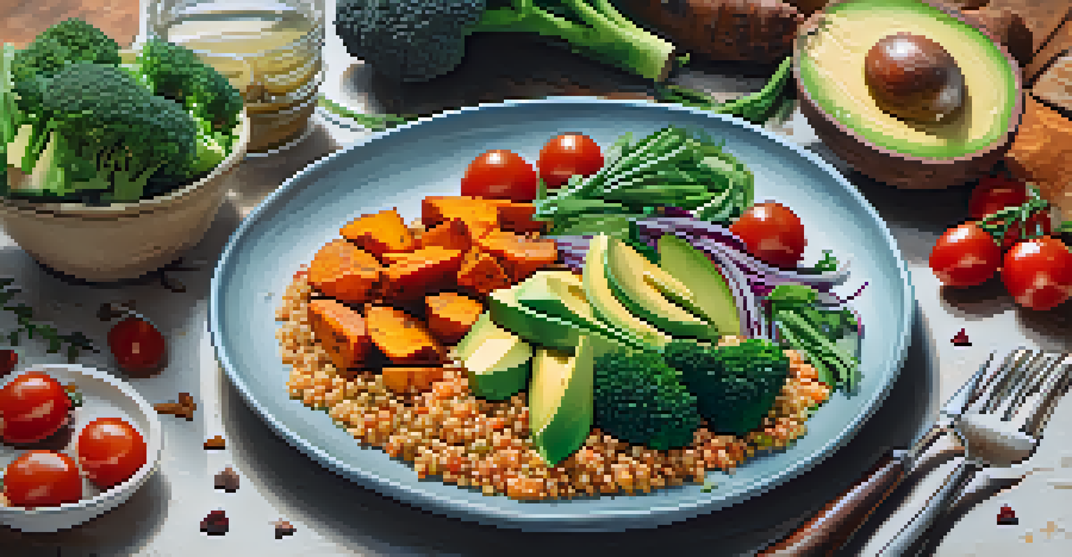A close-up of a colorful vegan plate with quinoa, roasted sweet potatoes, broccoli, and salad, garnished with herbs and dressing.