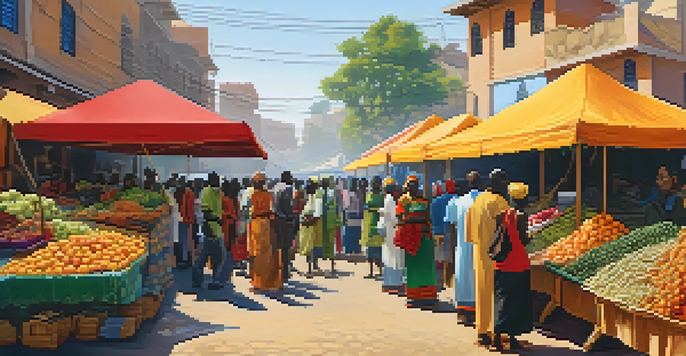 A lively African market filled with colorful fruits and vegetables, showcasing diverse people and traditional crafts.