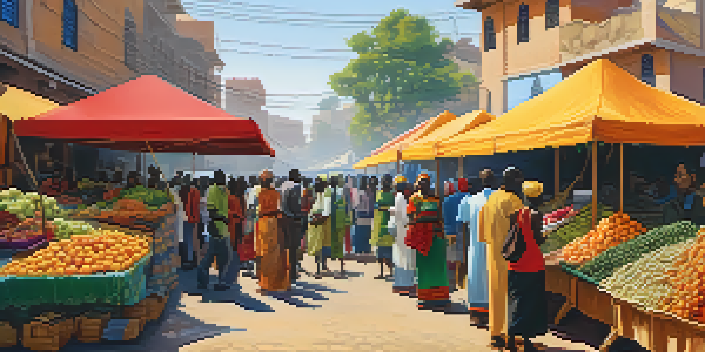 A lively African market filled with colorful fruits and vegetables, showcasing diverse people and traditional crafts.
