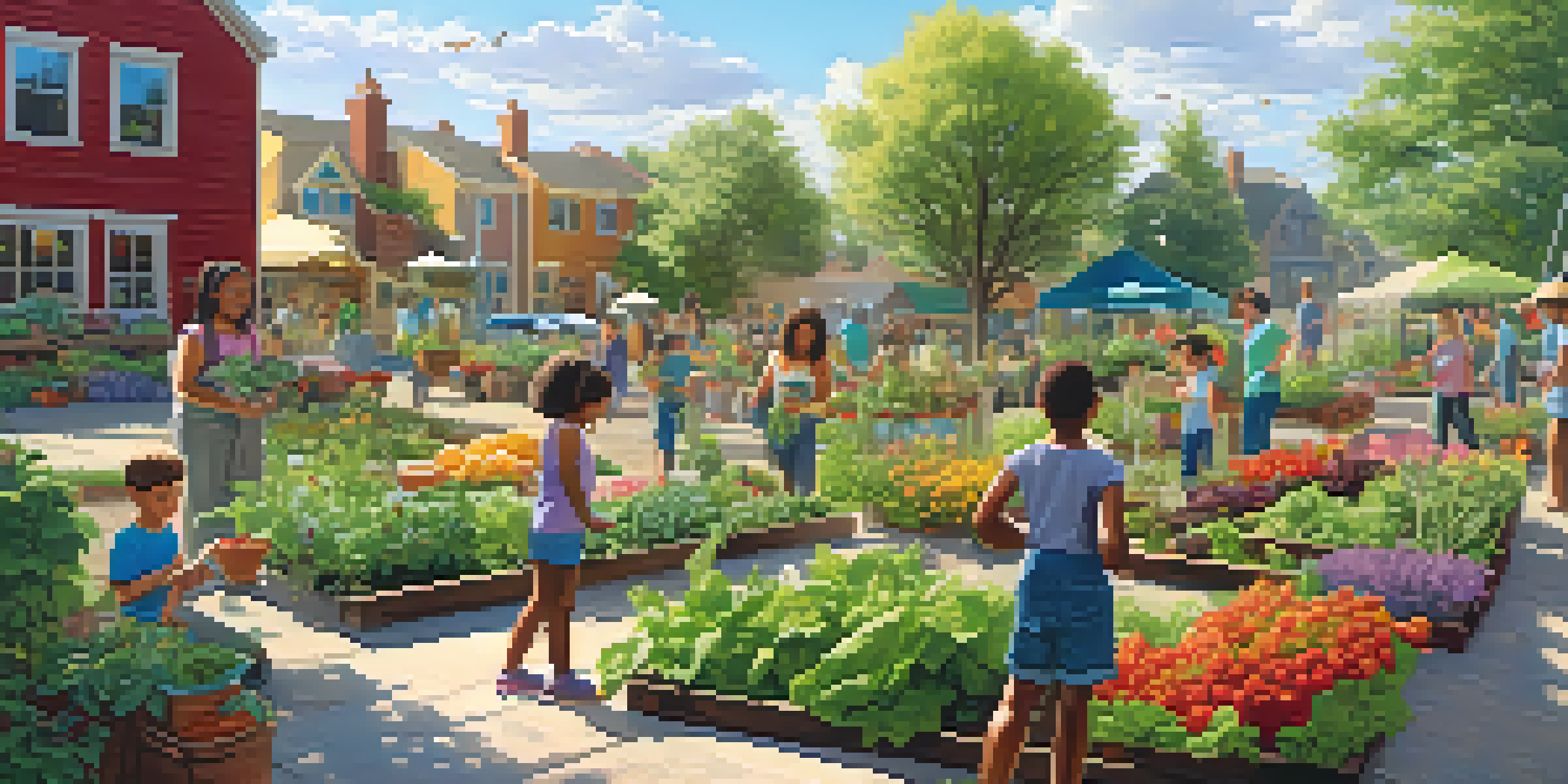 A community garden bustling with people planting vegetables and herbs, under a bright sunny sky.