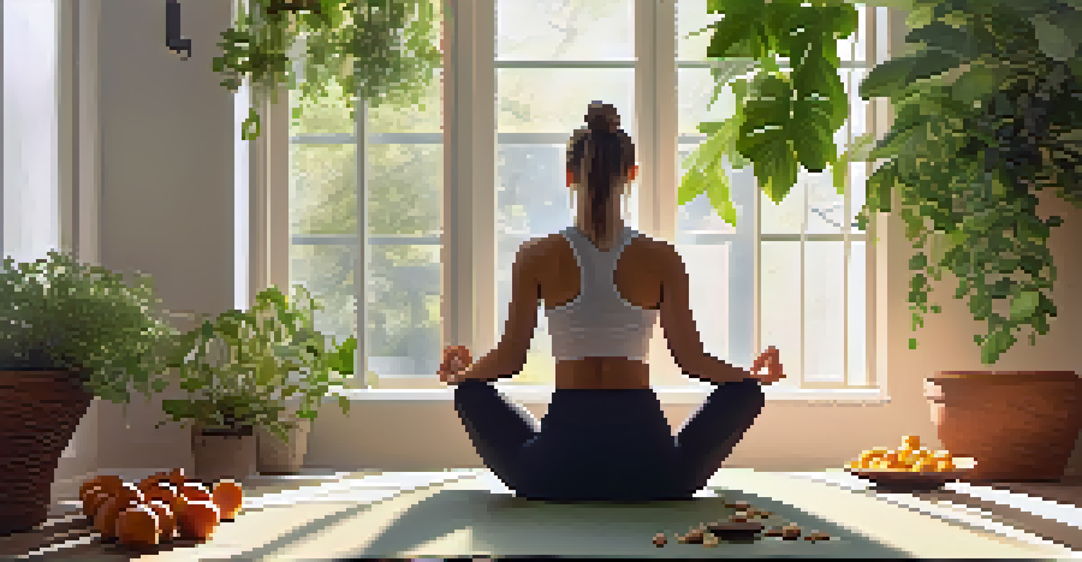 A person doing yoga in a bright room with indoor plants, surrounded by a bowl of nuts and fruits, promoting a healthy lifestyle.