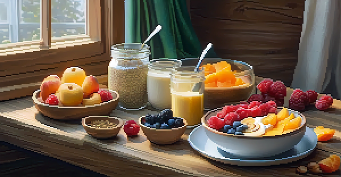 A bowl of colorful overnight oats topped with fresh fruits and nuts on a rustic wooden table with soft morning light.