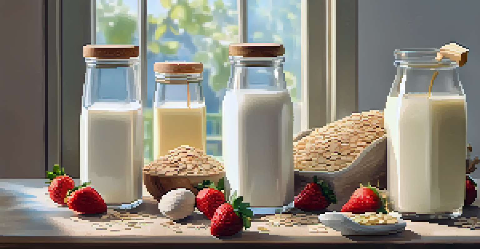 Glass bottles of almond milk and oat milk with almonds and oats scattered around, accompanied by fresh fruits, all illuminated by morning sunlight.