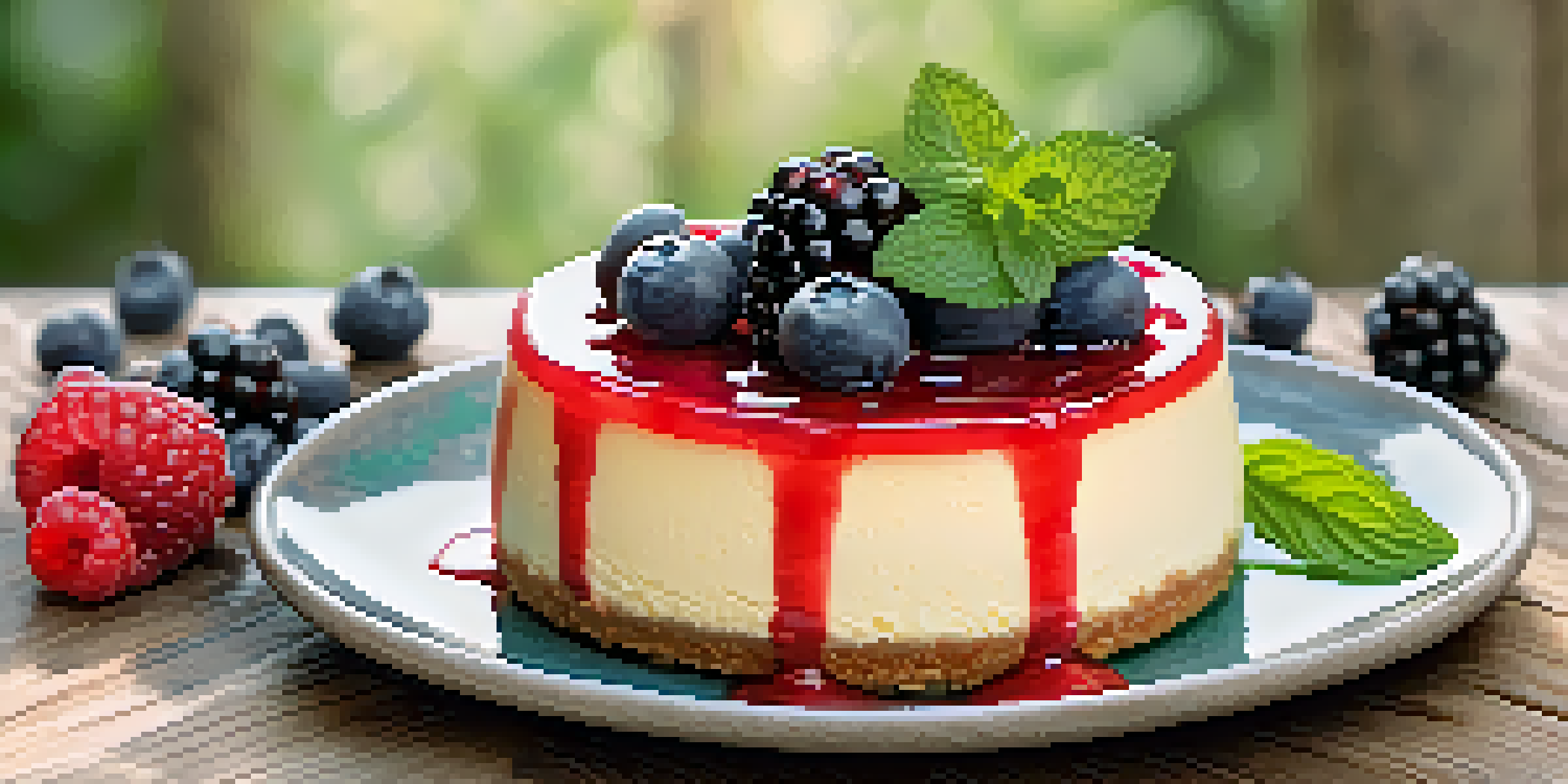 A vibrant vegan cheesecake adorned with fresh berries and mint, set on a wooden table with natural lighting.
