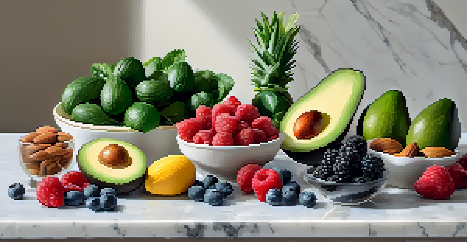 A beautiful arrangement of heart-healthy vegan foods including avocados, almonds, spinach, and berries on a marble countertop, with a soft focus background.