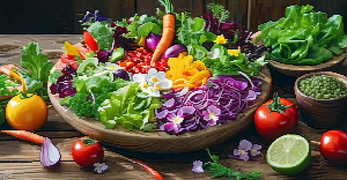 A colorful vegan salad with fresh vegetables and edible flowers on a wooden table, illuminated by soft natural light.