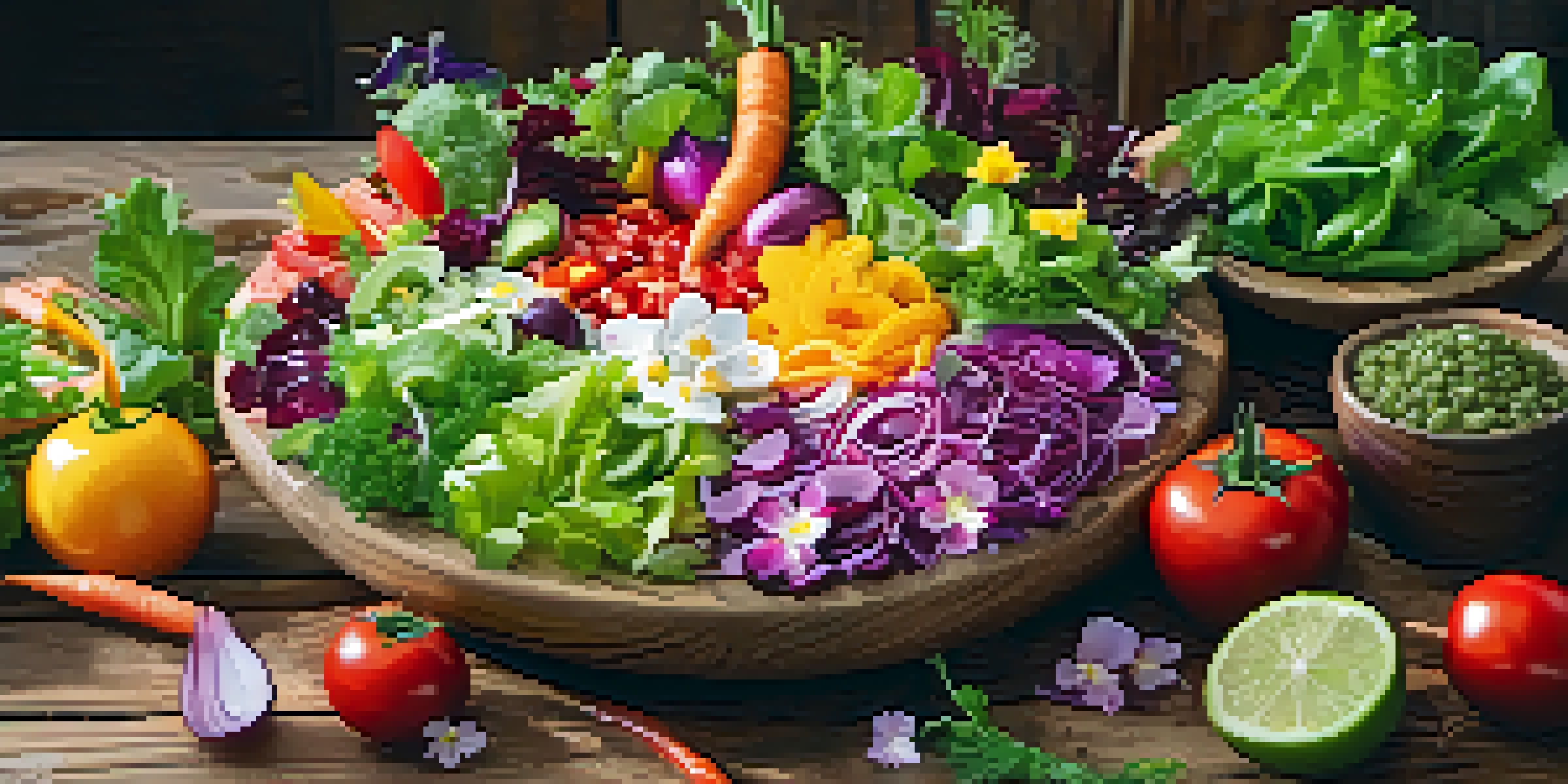 A colorful vegan salad with fresh vegetables and edible flowers on a wooden table, illuminated by soft natural light.