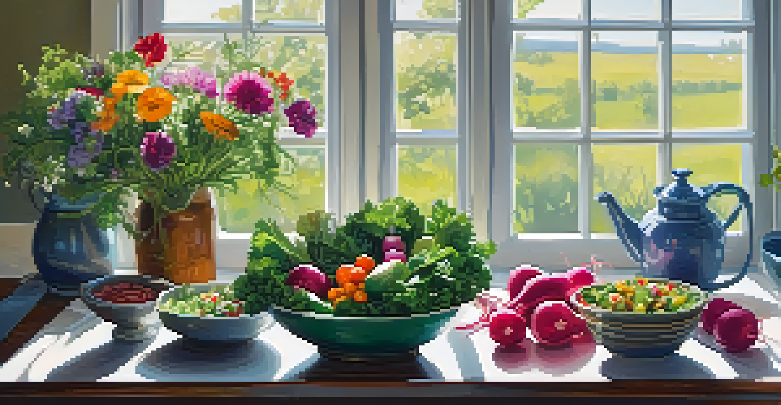 A rustic kitchen table beautifully arranged with a colorful vegan salad and natural light highlighting the ingredients.