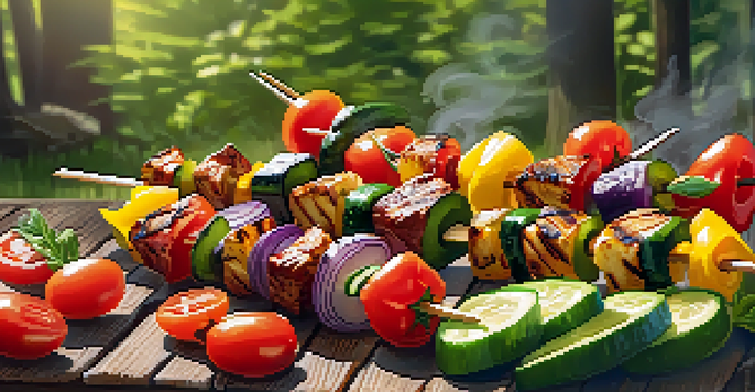 A colorful display of vegetable kabobs on skewers, set in an outdoor barbecue environment with sunlight and greenery.