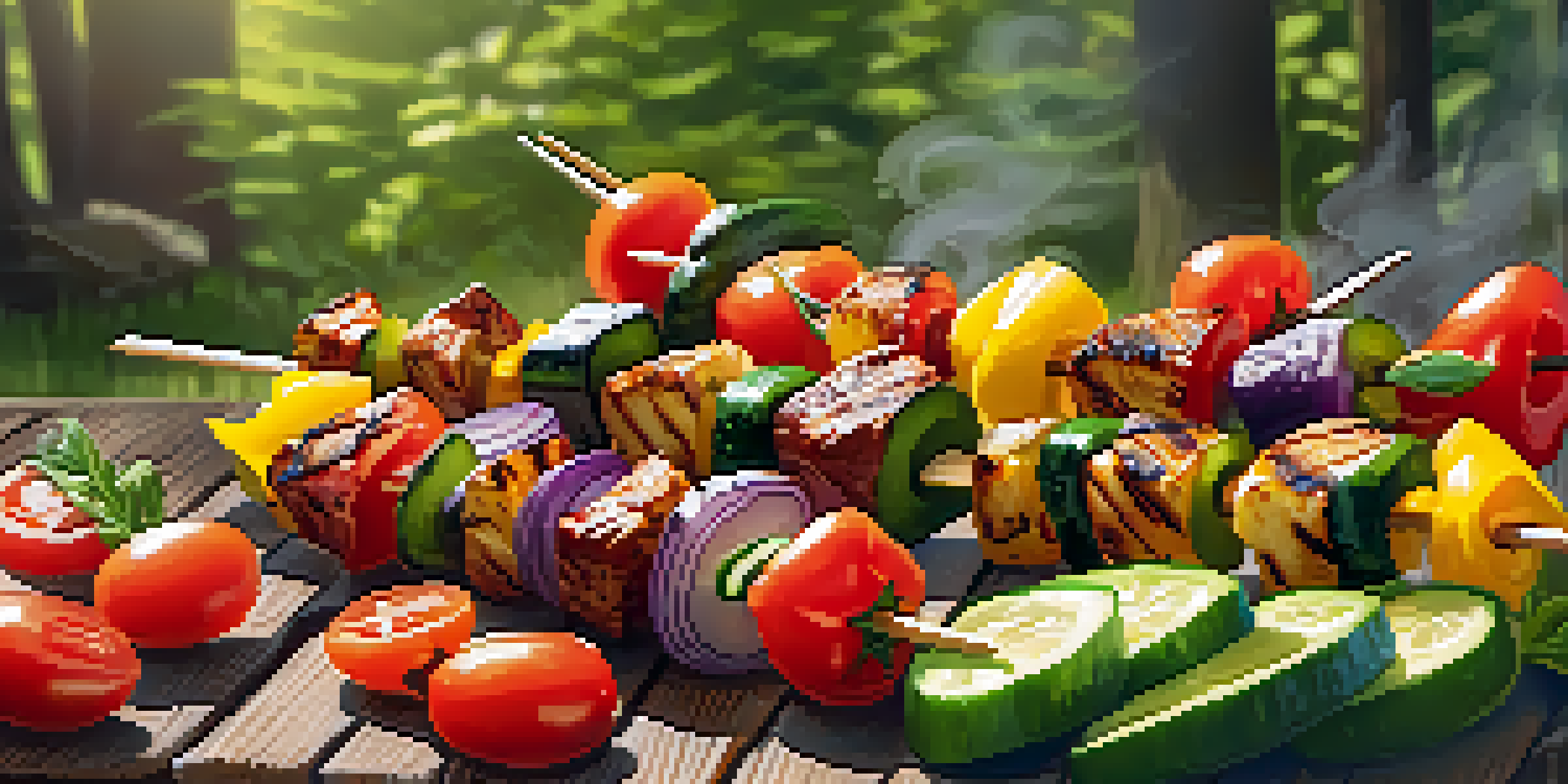 A colorful display of vegetable kabobs on skewers, set in an outdoor barbecue environment with sunlight and greenery.