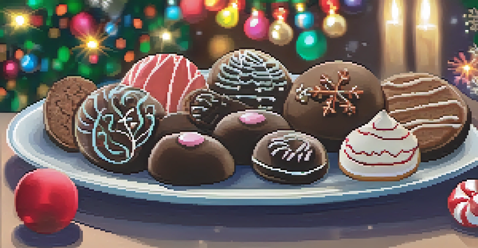 A festive arrangement of various vegan holiday treats on a platter, including chocolate truffles, gingerbread cookies, and peppermint bark, with warm lighting and holiday decorations.