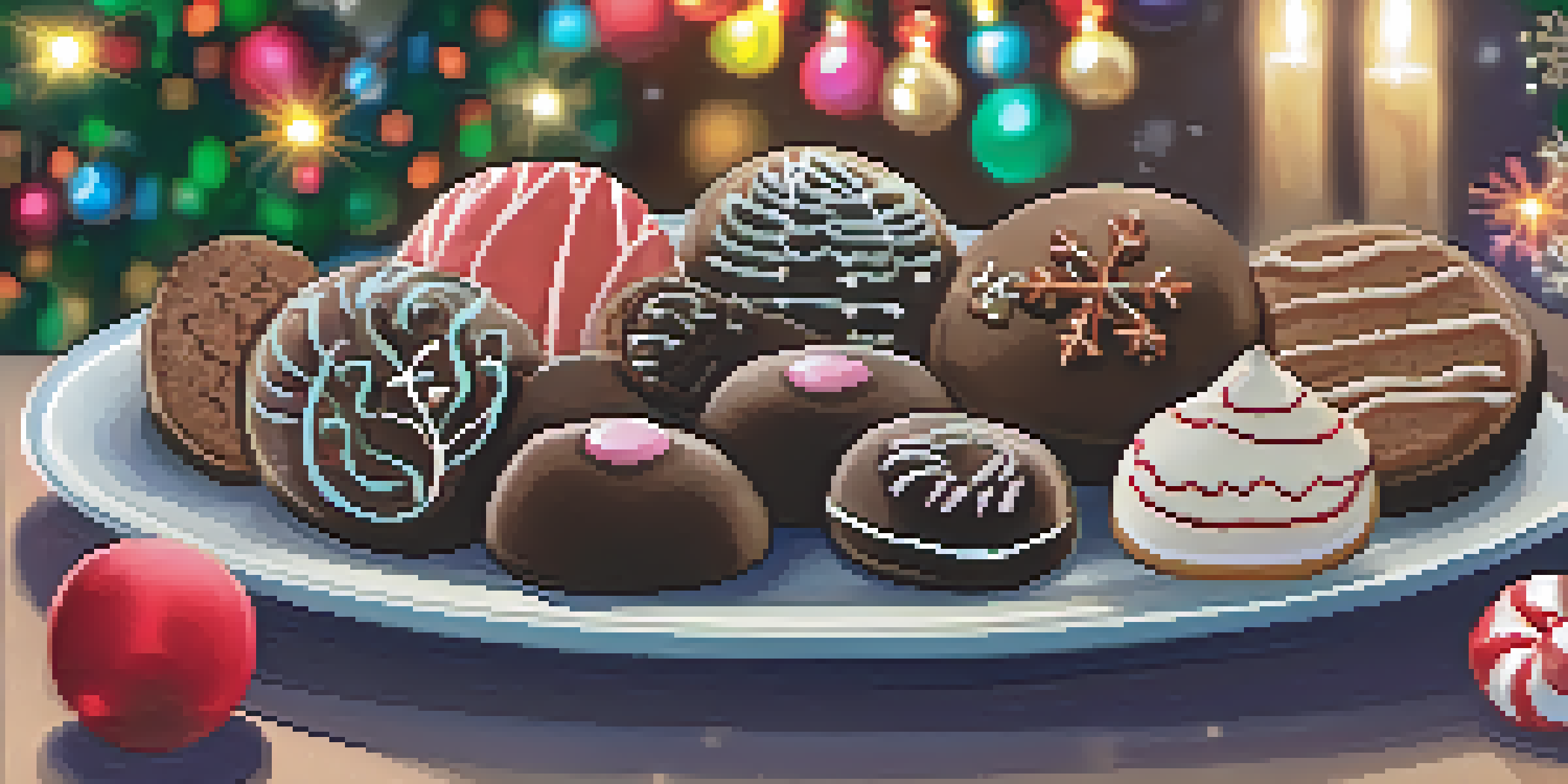 A festive arrangement of various vegan holiday treats on a platter, including chocolate truffles, gingerbread cookies, and peppermint bark, with warm lighting and holiday decorations.