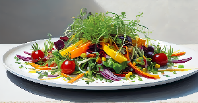 A colorful vegan rainbow salad presented on a white plate, showcasing various vegetables and garnishes in a bright and appealing arrangement.