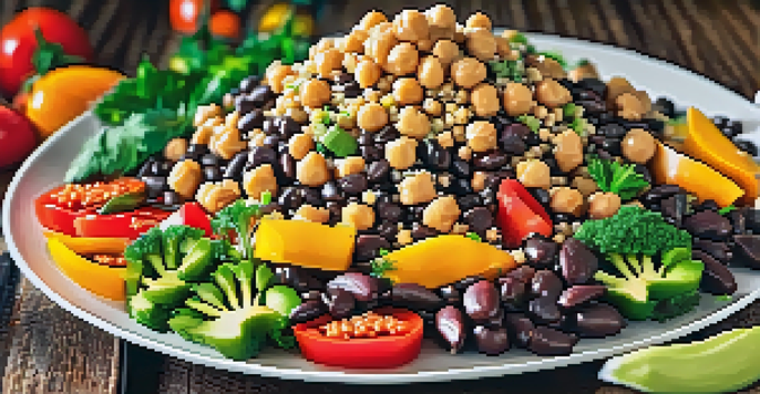 A colorful plate showcasing a quinoa salad with black beans, chickpeas, and hemp seeds, surrounded by fresh vegetables on a wooden table.
