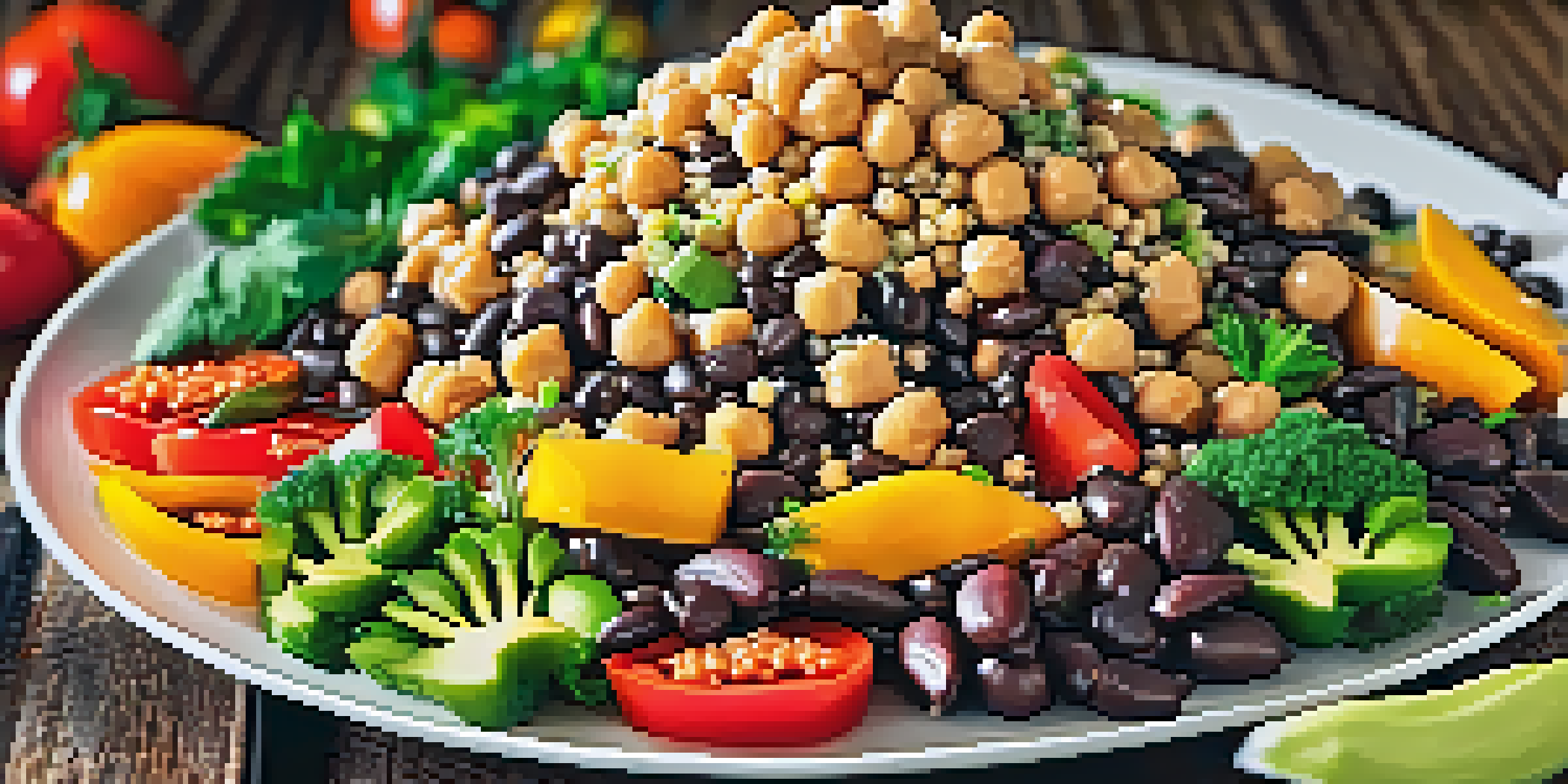 A colorful plate showcasing a quinoa salad with black beans, chickpeas, and hemp seeds, surrounded by fresh vegetables on a wooden table.