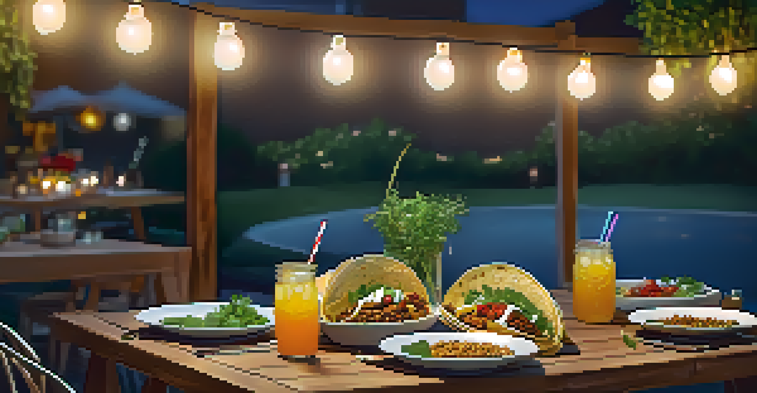 A cozy outdoor dining table filled with different vegan tacos and agua fresca, lit by string lights at twilight.