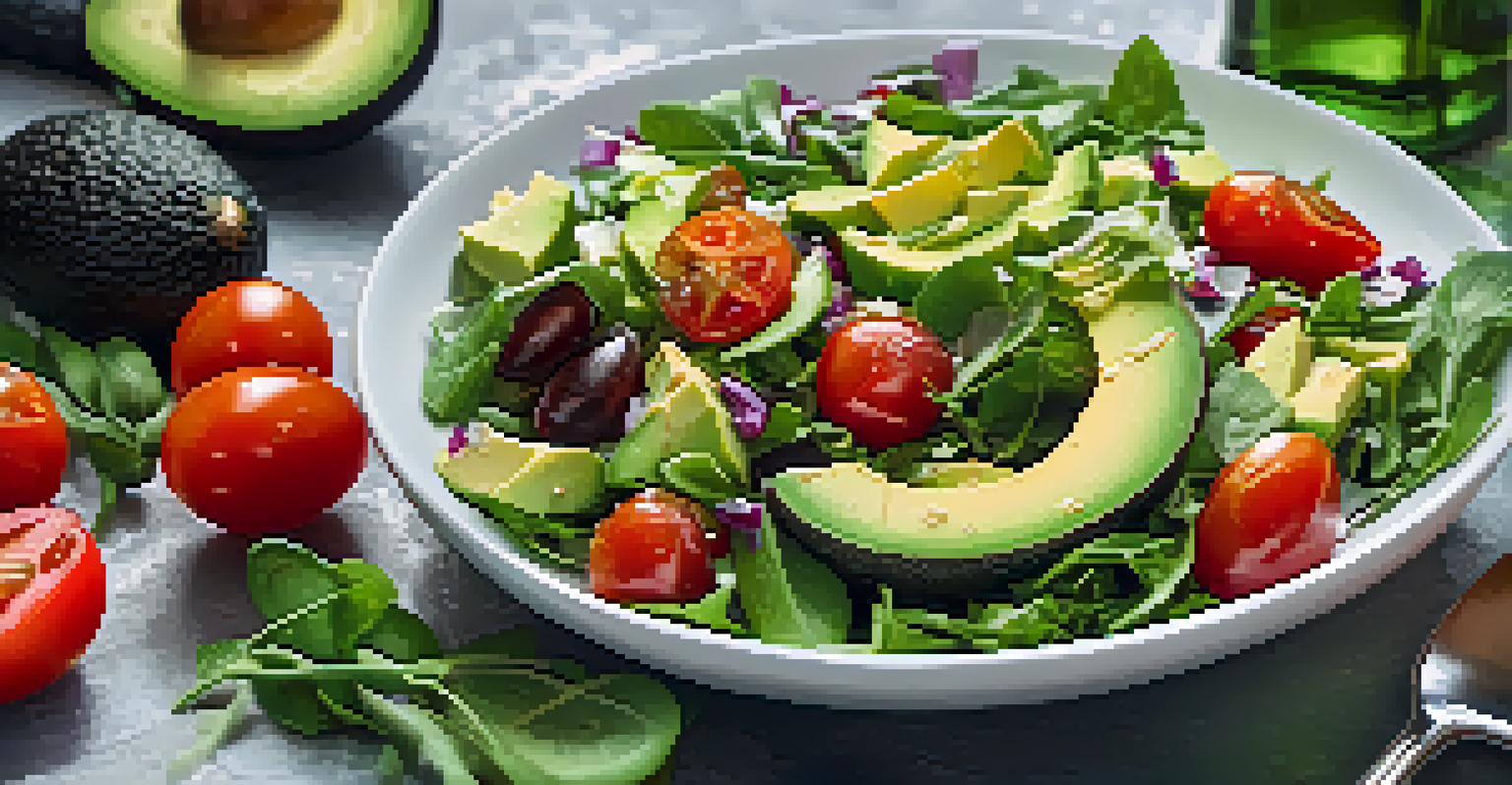 A close-up of a colorful salad with balsamic vinegar dressing, featuring greens, tomatoes, and avocados.