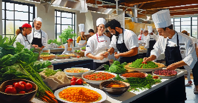 A lively kitchen filled with chefs preparing colorful vegan dishes, surrounded by fresh vegetables and herbs, with bright natural light pouring in.