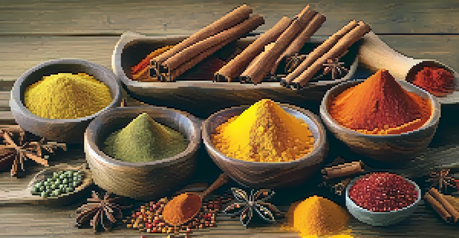 A close-up of a bowl of colorful spices such as turmeric and cinnamon on a rustic wooden table, illuminated by warm light.