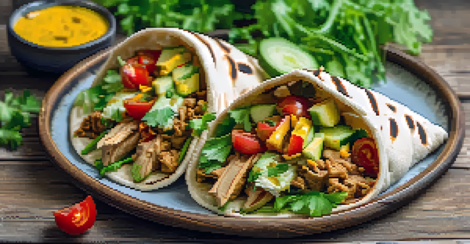 A colorful plate of vegan shawarma in pita with fresh vegetables and tahini sauce on a wooden table.