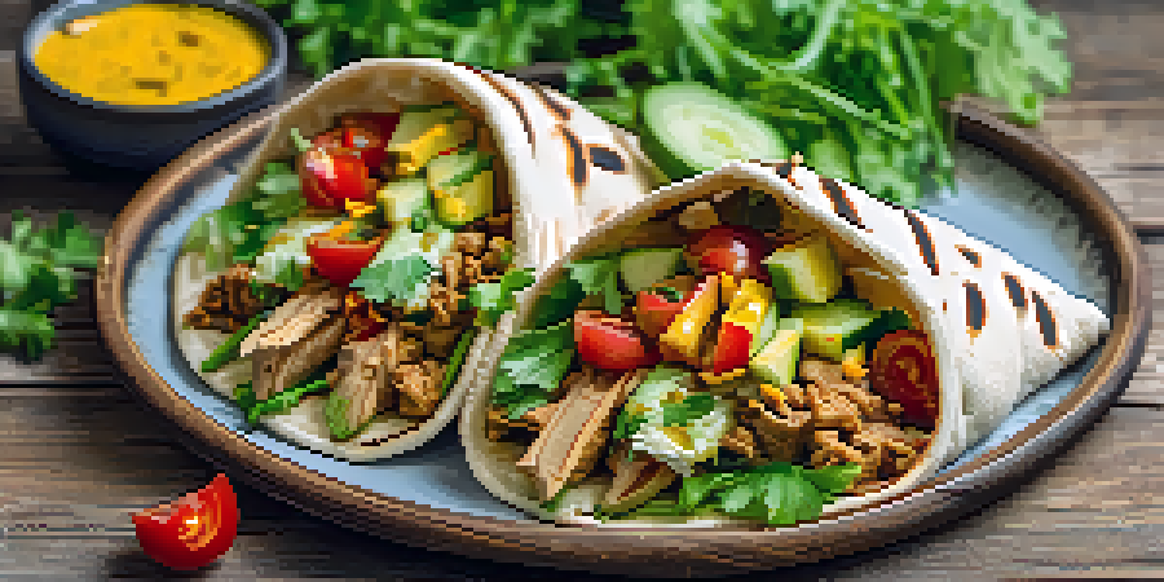 A colorful plate of vegan shawarma in pita with fresh vegetables and tahini sauce on a wooden table.