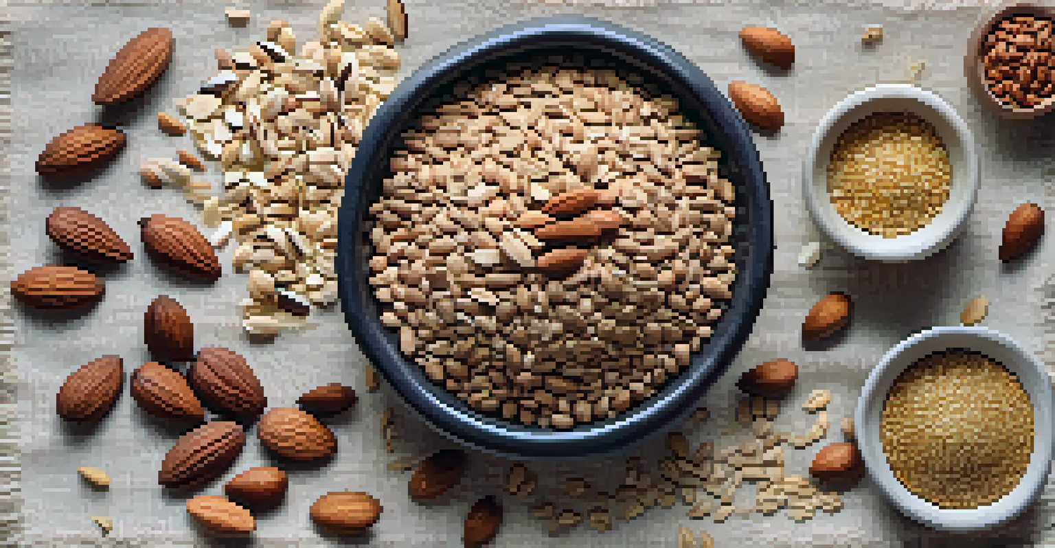 An artistic layout of nuts, seeds, and whole grains on a linen cloth, with a wooden spoon beside them.