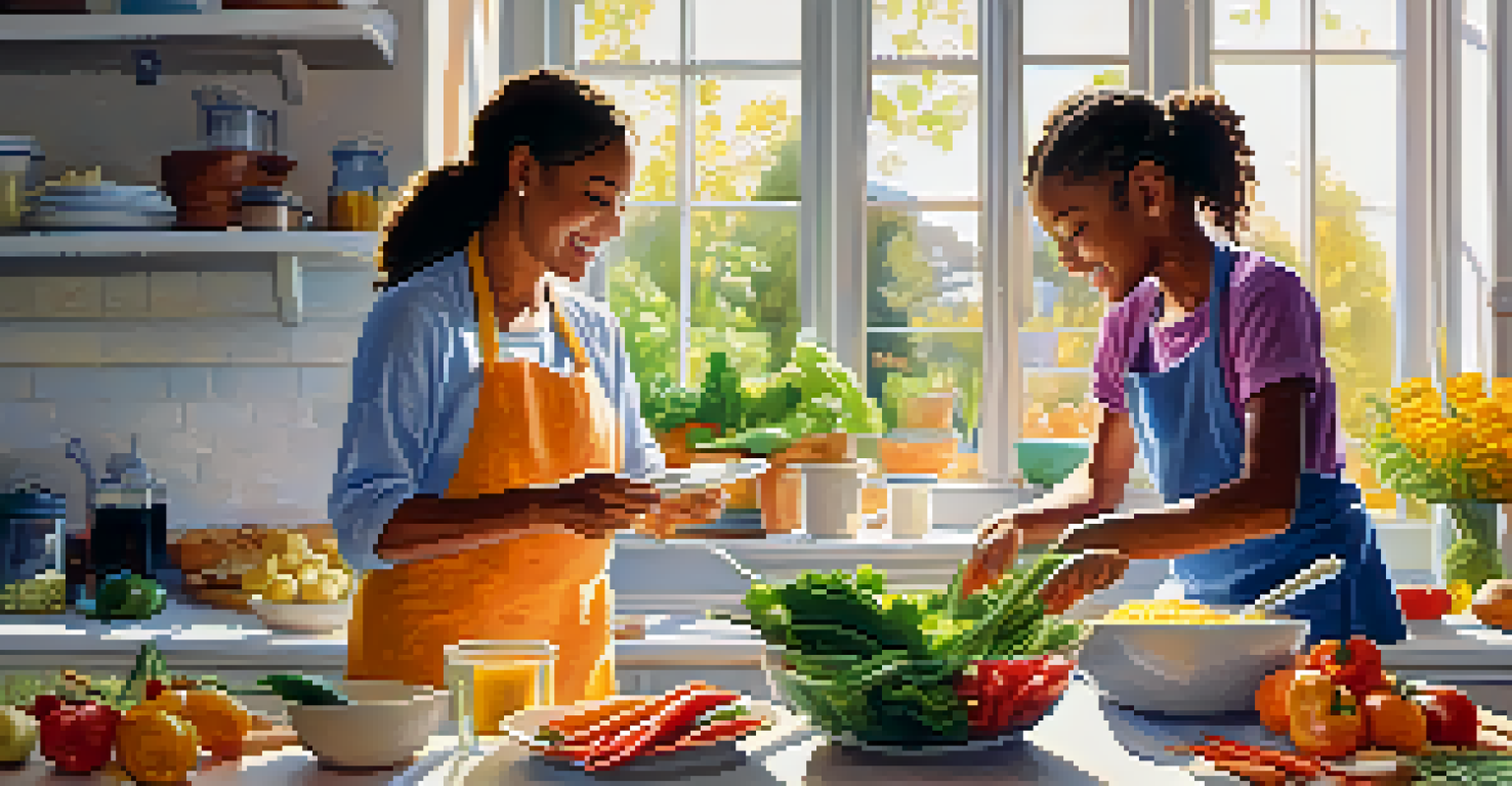 A parent and child happily cooking in a sunny kitchen, surrounded by fresh vegetables and healthy ingredients.