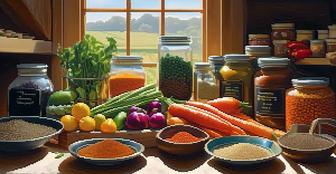 A bright kitchen with a wooden table covered in fresh vegetables, grains, and legumes, illuminated by sunlight from a window.
