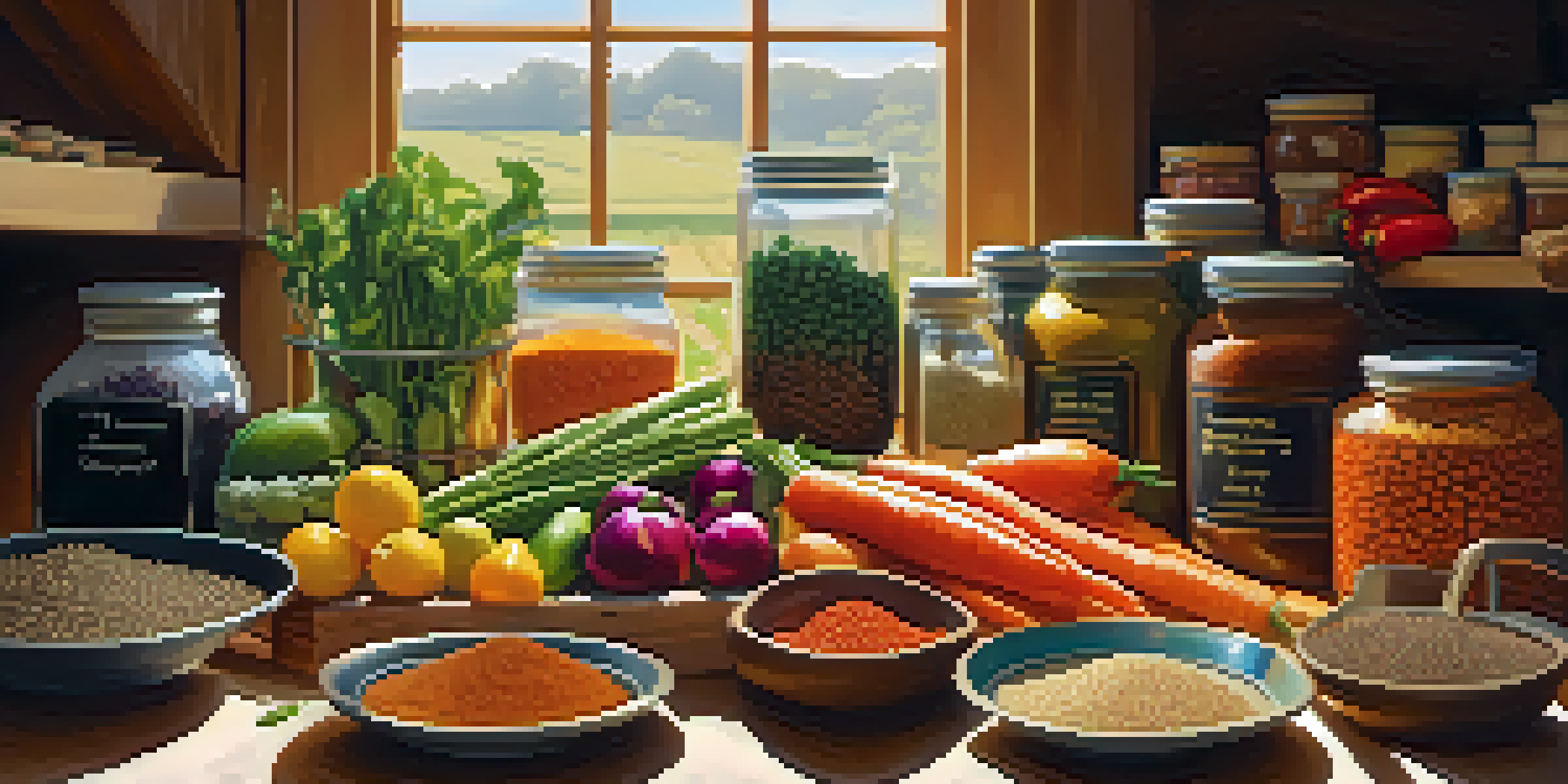A bright kitchen with a wooden table covered in fresh vegetables, grains, and legumes, illuminated by sunlight from a window.