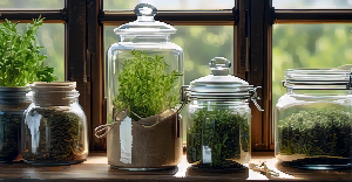 A wooden table with glass jars of dried herbs, sunlight creating soft shadows, and a mortar and pestle for preparation.