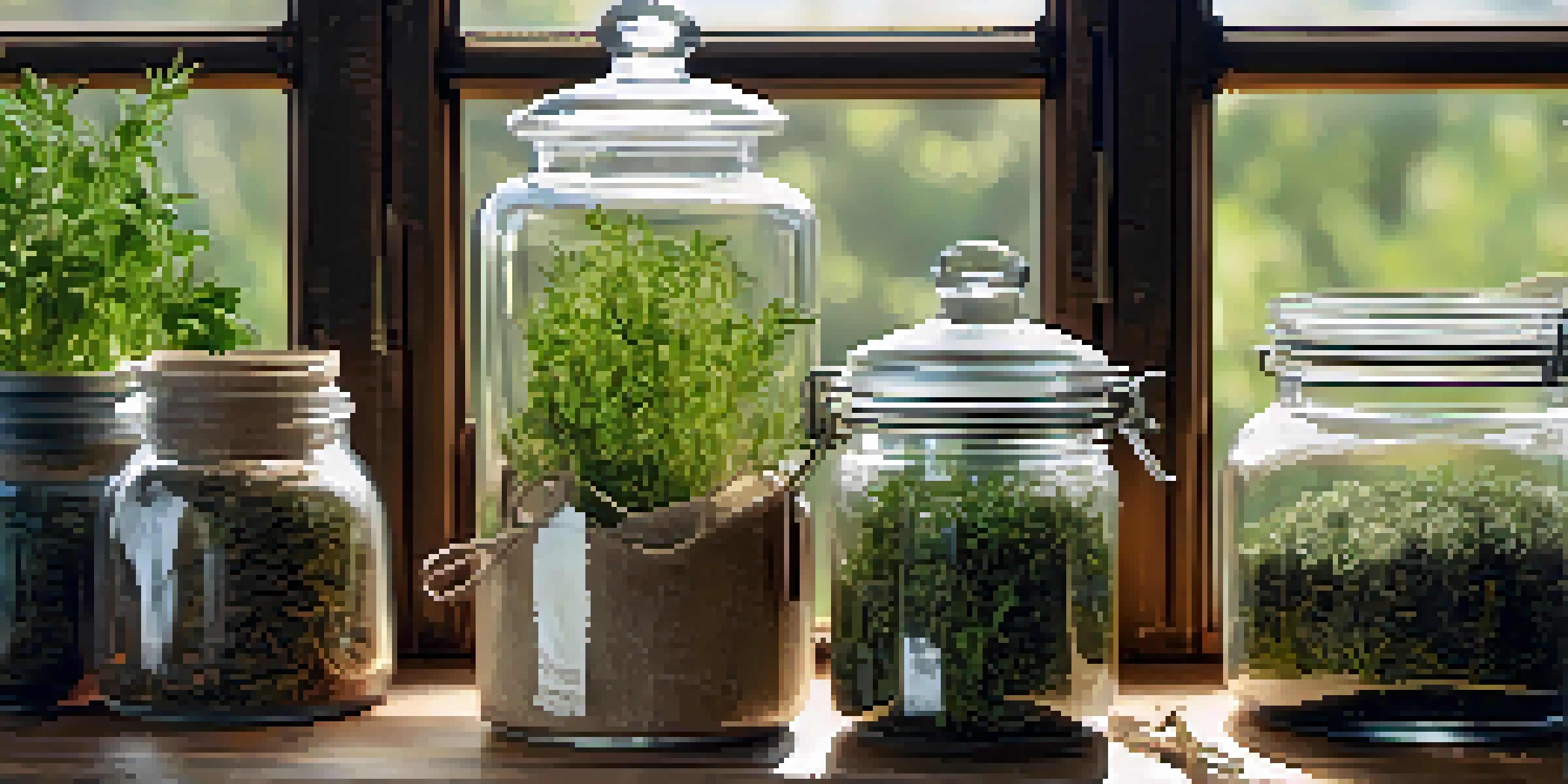 A wooden table with glass jars of dried herbs, sunlight creating soft shadows, and a mortar and pestle for preparation.
