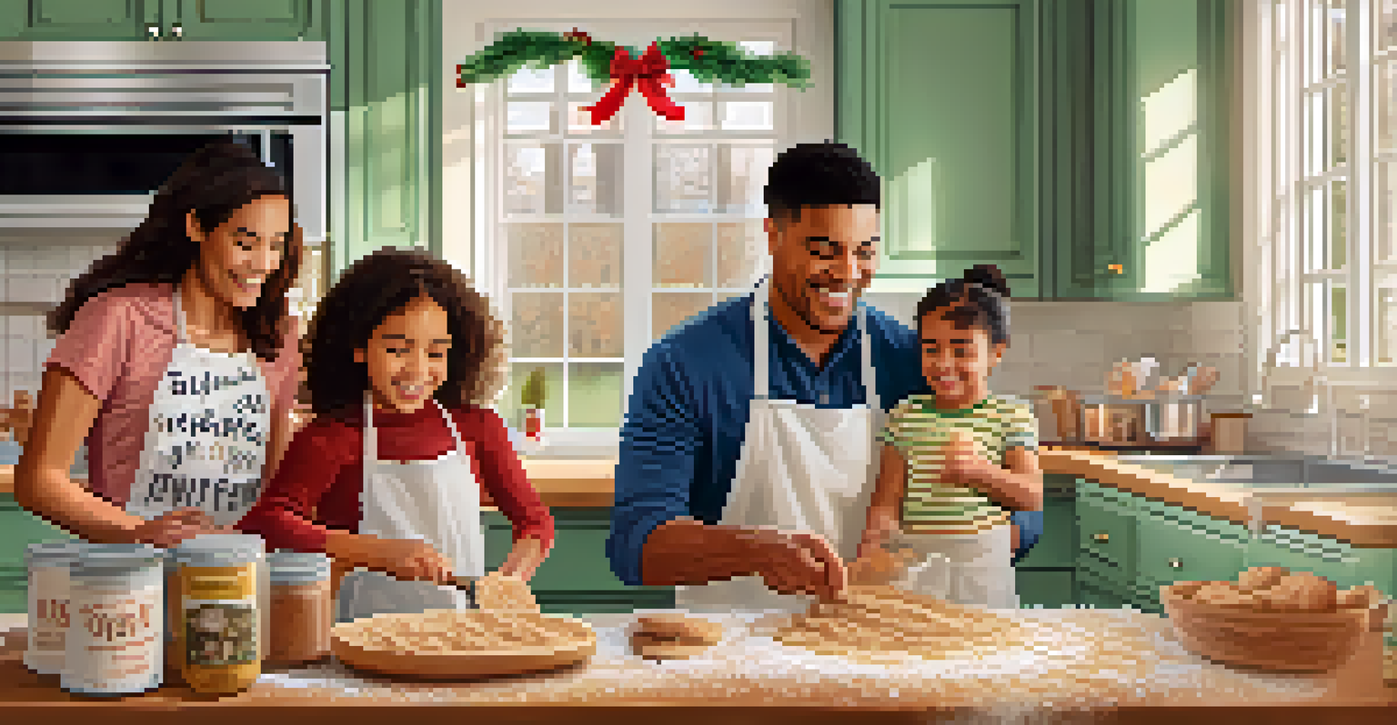 A cheerful family baking vegan snickerdoodles in a warm kitchen, with flour and cinnamon scattered on the table and smiles all around, capturing the joy of holiday cooking.