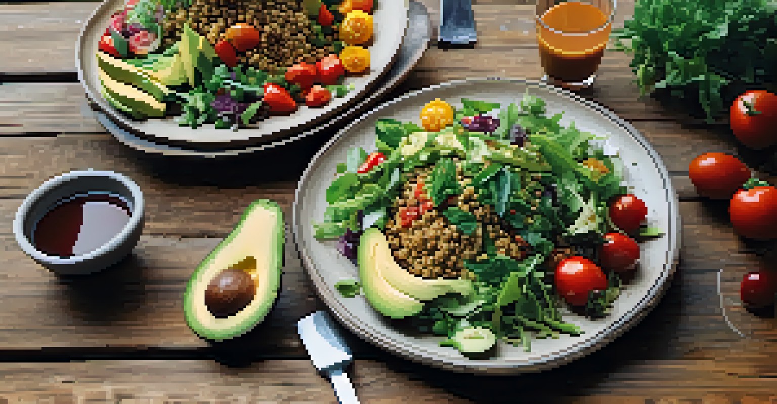 A visually appealing vegan meal with a salad, quinoa, roasted vegetables, and fresh juice on a wooden table.