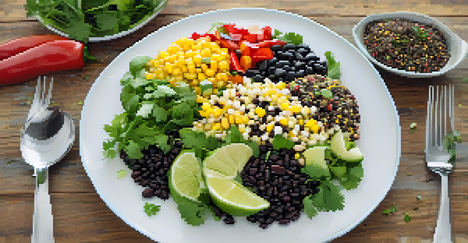 A colorful quinoa salad with black beans and corn on a white plate, surrounded by greenery, creating a fresh and appetizing atmosphere.