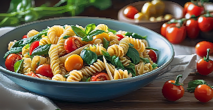 A colorful vegan pasta salad in a wooden bowl with cherry tomatoes, bell peppers, and spinach, illuminated by sunlight.