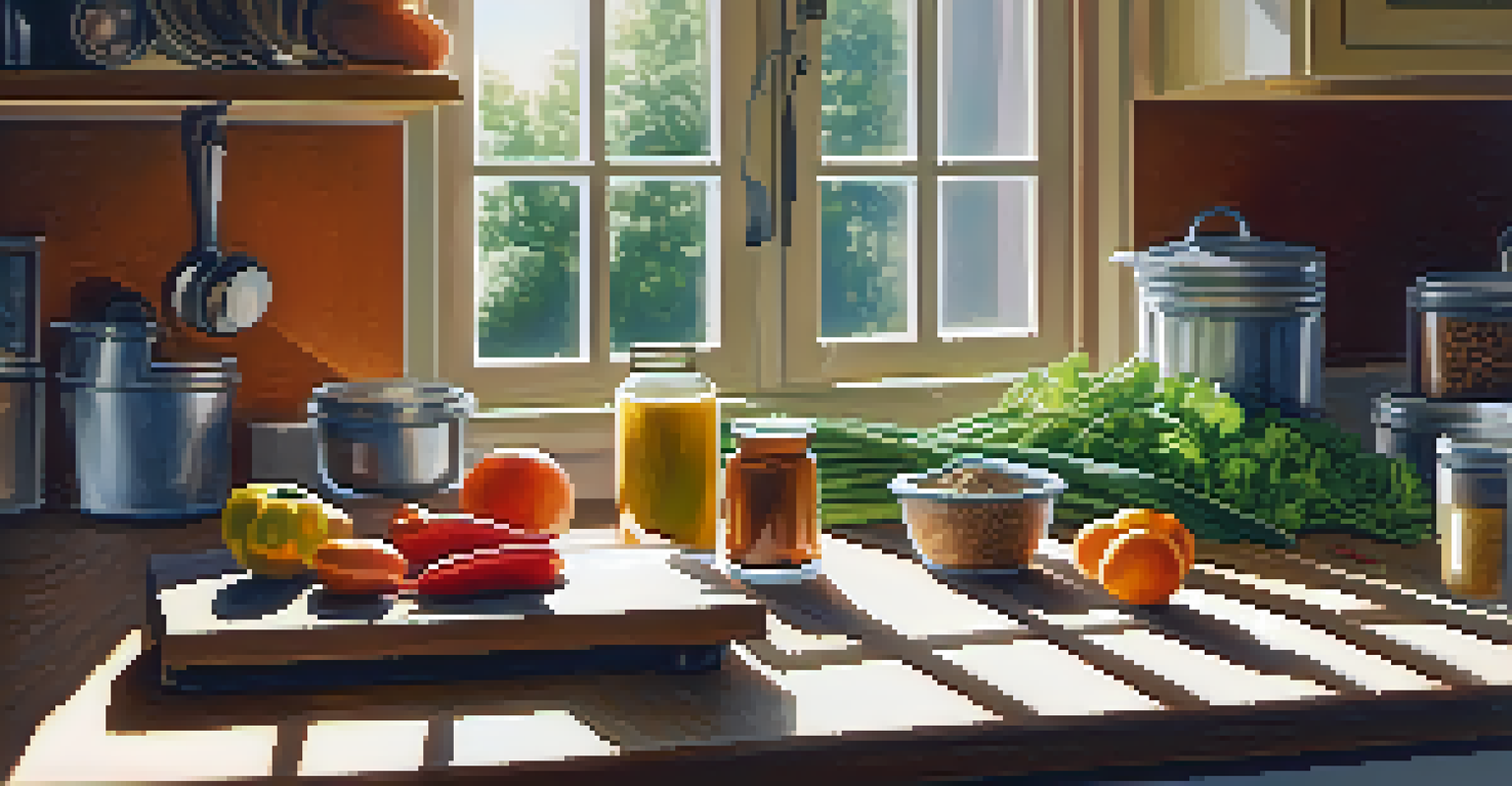 A person preparing a plant-based meal in a bright kitchen, chopping vegetables with jars of spices visible in the background.