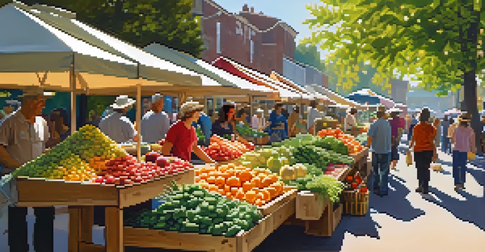 A lively farmers market filled with colorful organic fruits and vegetables, with people interacting and shopping under sunlight filtering through trees.