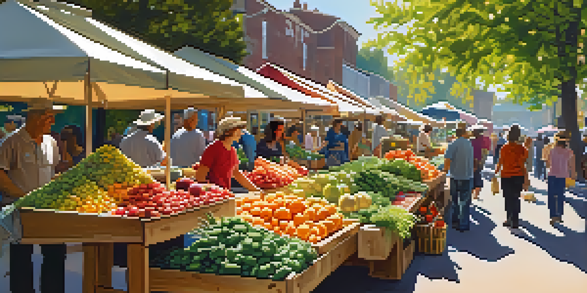 A lively farmers market filled with colorful organic fruits and vegetables, with people interacting and shopping under sunlight filtering through trees.