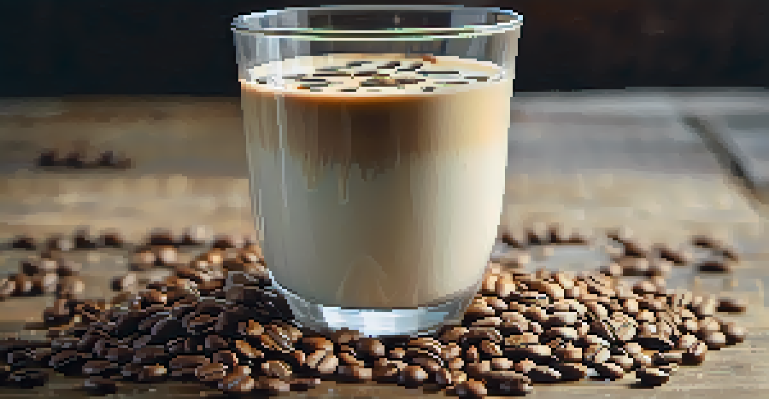 A close-up view of a glass of oat milk swirled with coffee, set against a blurred background of coffee beans on a wooden table.