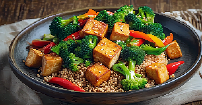 A vibrant vegan meal showcasing crispy tofu with stir-fried vegetables and quinoa on a wooden table, illuminated by warm, natural light.