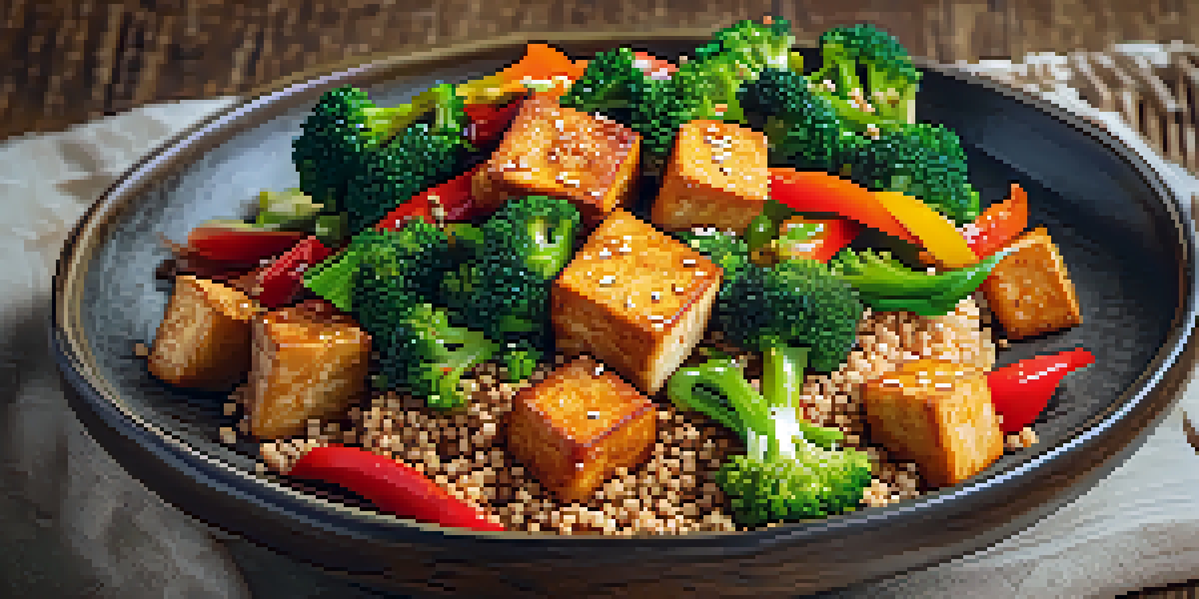 A vibrant vegan meal showcasing crispy tofu with stir-fried vegetables and quinoa on a wooden table, illuminated by warm, natural light.