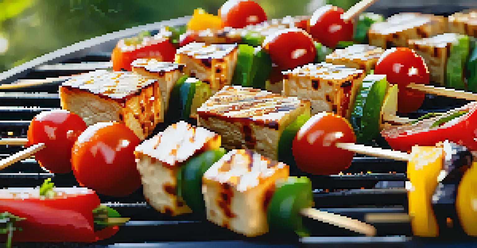 Close-up of marinated tofu and vegetable skewers grilling, showing char marks and a vibrant garden background.
