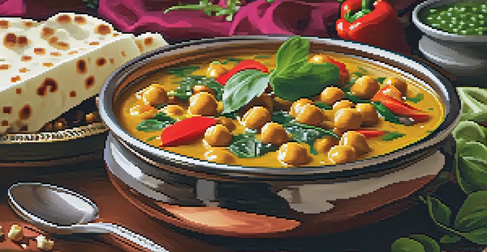 A colorful Indian curry with chickpeas, spinach, and bell peppers in a copper bowl, garnished with cilantro, accompanied by basmati rice and naan bread.