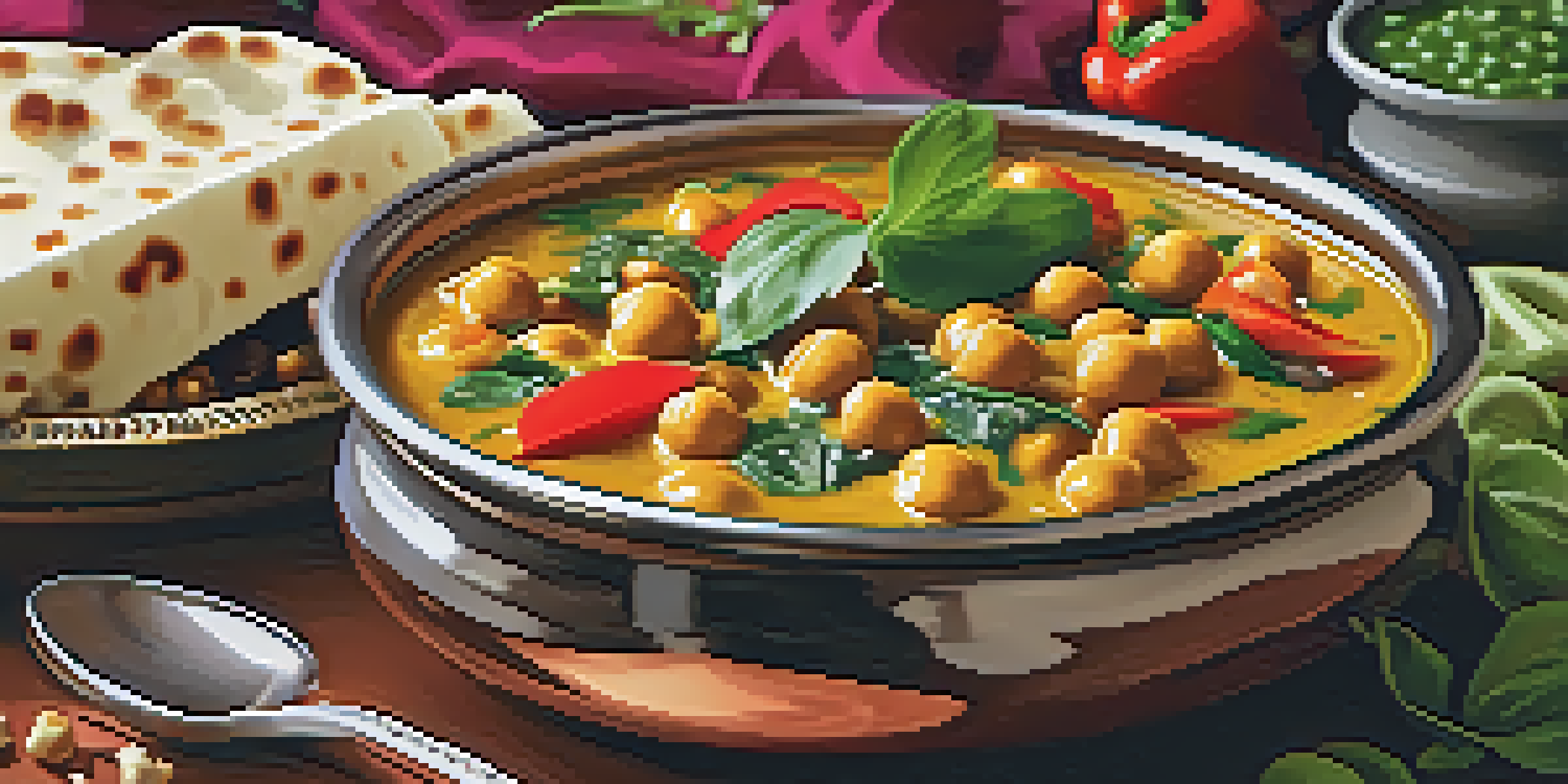A colorful Indian curry with chickpeas, spinach, and bell peppers in a copper bowl, garnished with cilantro, accompanied by basmati rice and naan bread.