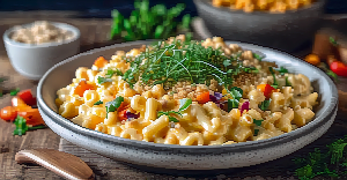 A bowl of creamy vegan mac and cheese with sautéed vegetables and crispy breadcrumbs on a rustic wooden table, illuminated by natural light.
