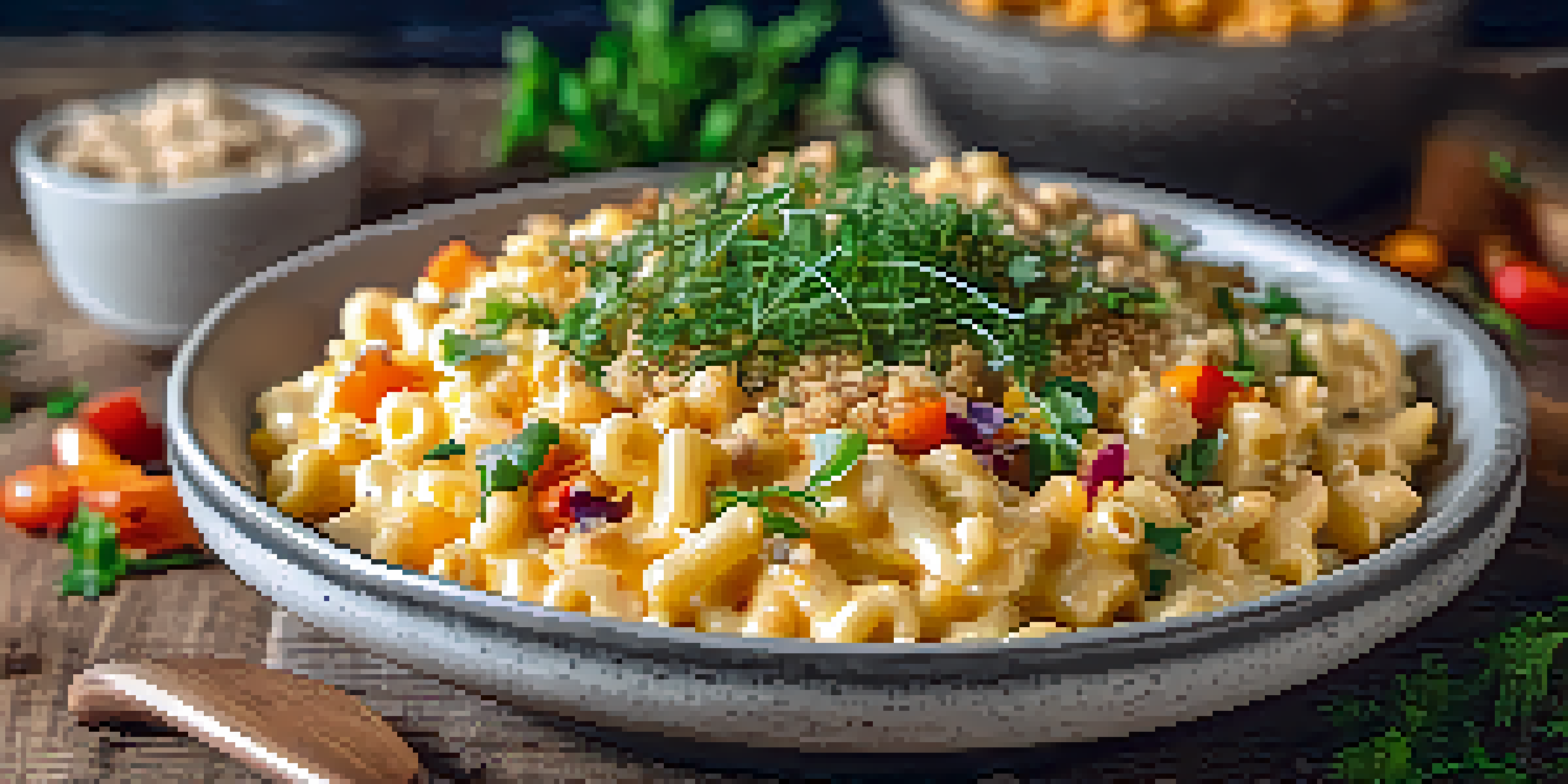 A bowl of creamy vegan mac and cheese with sautéed vegetables and crispy breadcrumbs on a rustic wooden table, illuminated by natural light.