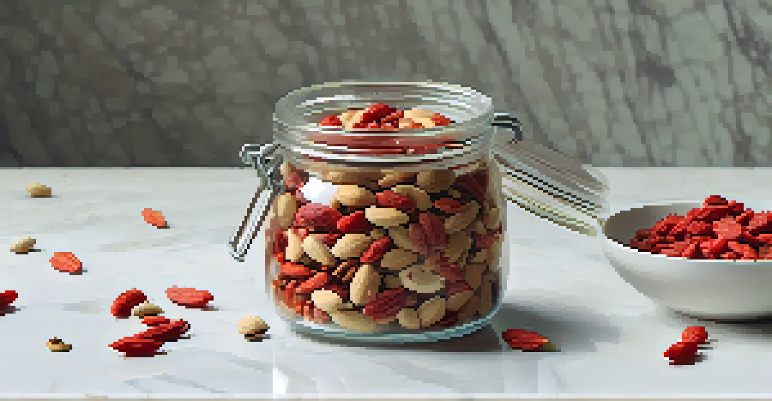 A clear glass jar filled with goji berries, nuts, and seeds, with some spilling out onto a marble countertop.