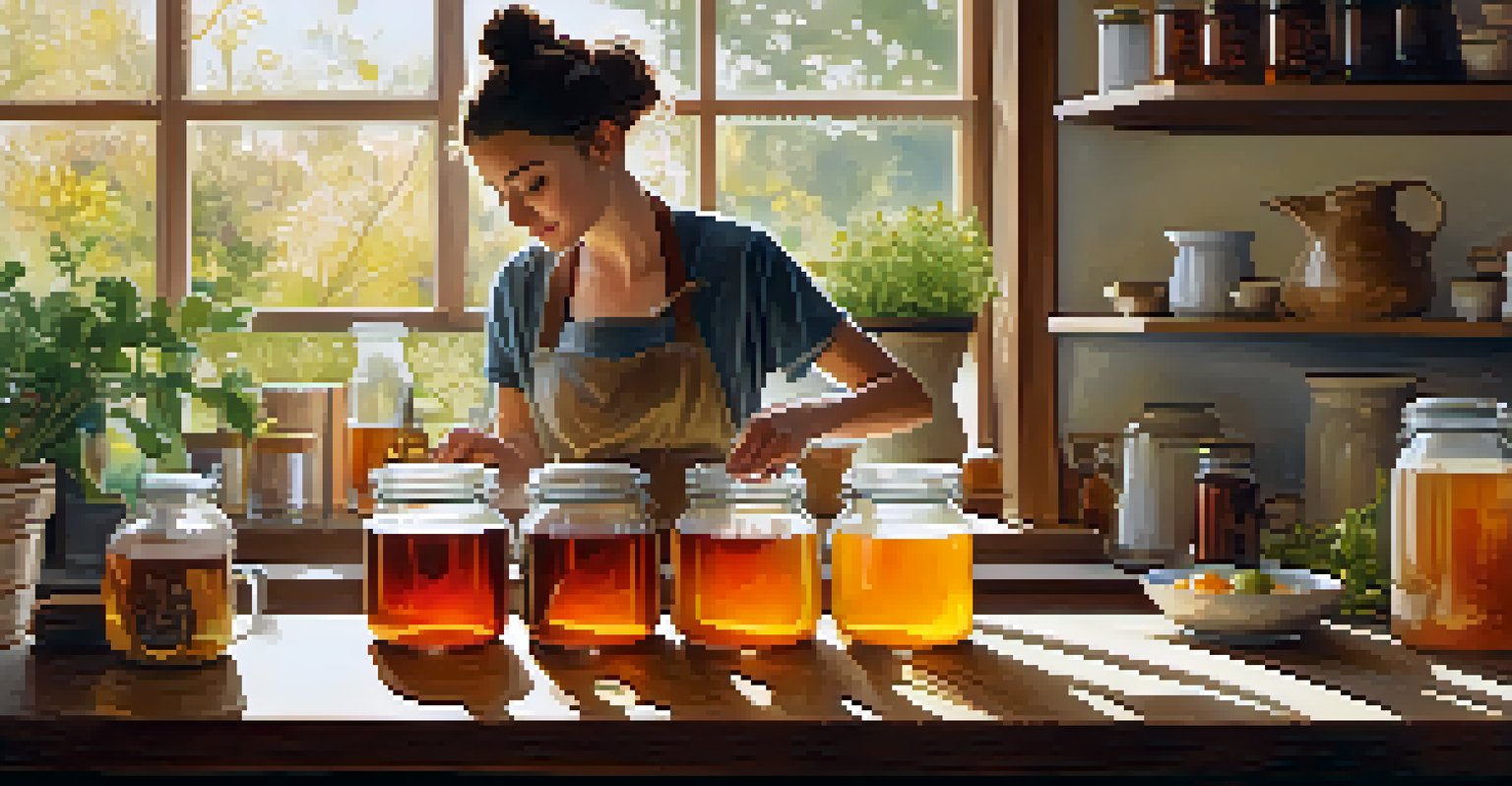 A person in a bright kitchen pouring tea into a jar for brewing kombucha, with a SCOBY visible inside, surrounded by fruits and herbs.